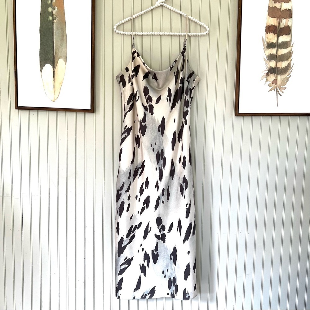 Express Cowl Neck Satin Sleeveless Slip Dress Midi nwot White Animal Print